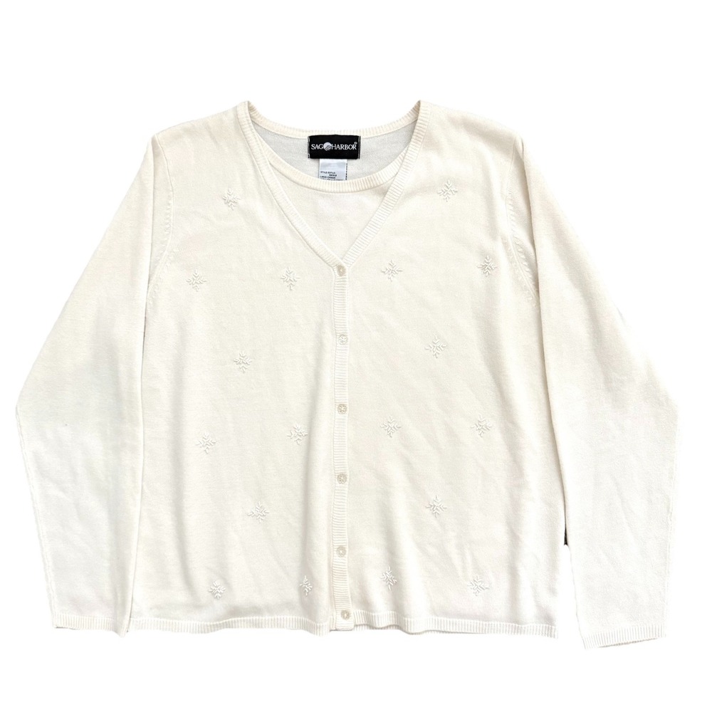 Vintage Cream Snowflake‎ Cardigan Womens Large Coastal Grandma Classic Preppy